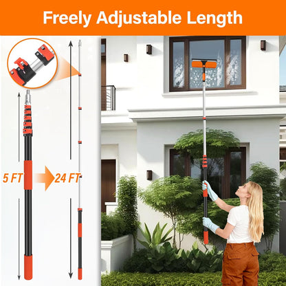 26FT High Reach Duster with Extension Pole 5-20FT, 4-in-1 Cleaning Kit with Universal Swivel Joint | High Ceiling Fan Cleaner, Cobweb Duster & Window Squeegee for Safe High-Reach Cleaning