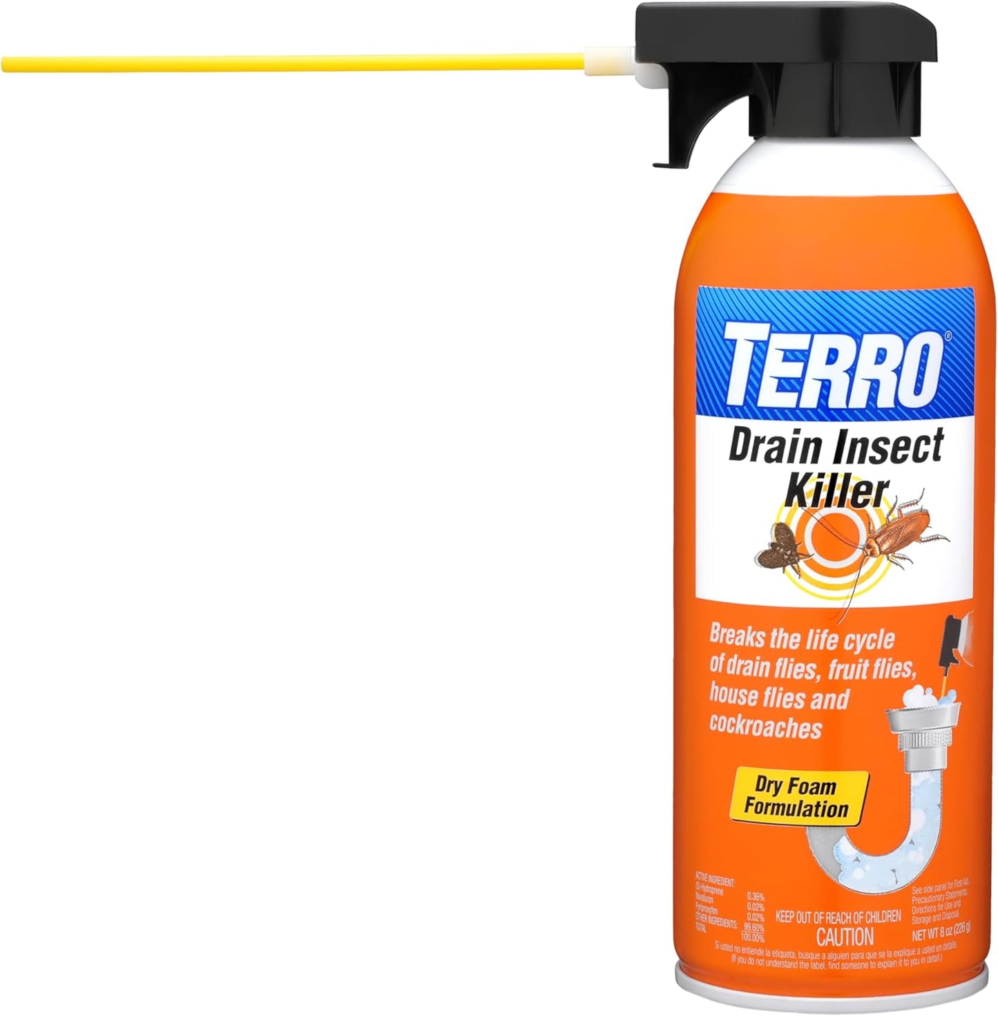 TERRO T590 Drain Insect Killer Foam 1-Pack - Indoor Infestation Treatment for Cockroaches, Drain Flies, House and Fruit Flies with Extension Tube Application