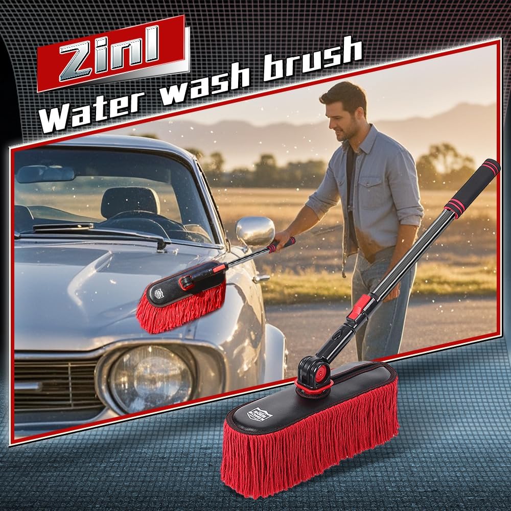 Car Duster Exterior with Extendable Handle, Scratch Free Auto Wash Brush Mop, Interior Detailing Kit for Truck RV Boat - Wax Cotton Duster & Interior Brush, Red