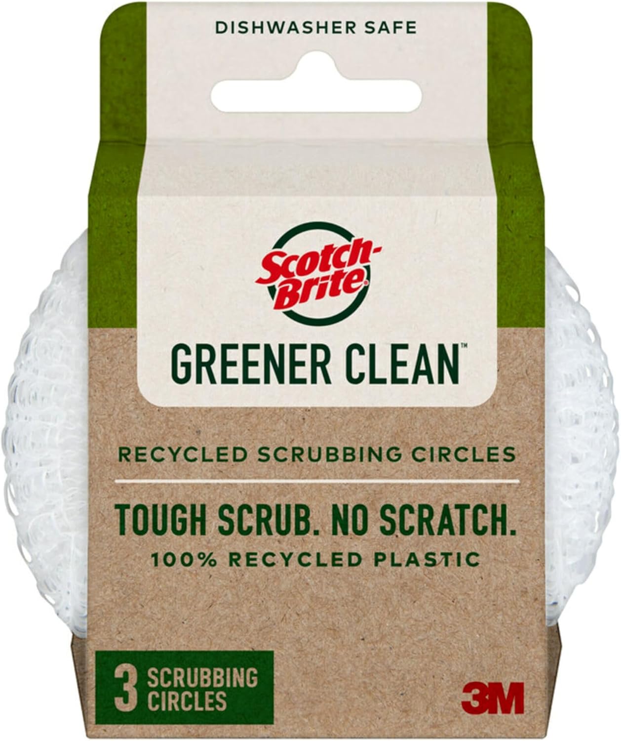 Scotch-Brite Greener Clean Recycled Scrubbing Circles, 3 Dish Scrubbers for Cleaning Kitchen & Scrubbing Fruits or Veggies, Safe on Nonstick Pots and Pans, Glassware