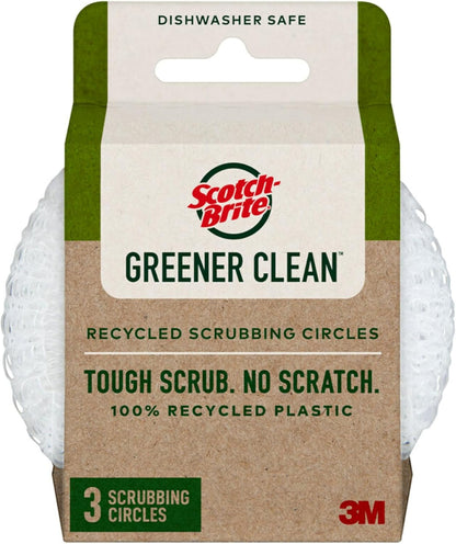 Scotch-Brite Greener Clean Recycled Scrubbing Circles, 3 Dish Scrubbers for Cleaning Kitchen & Scrubbing Fruits or Veggies, Safe on Nonstick Pots and Pans, Glassware