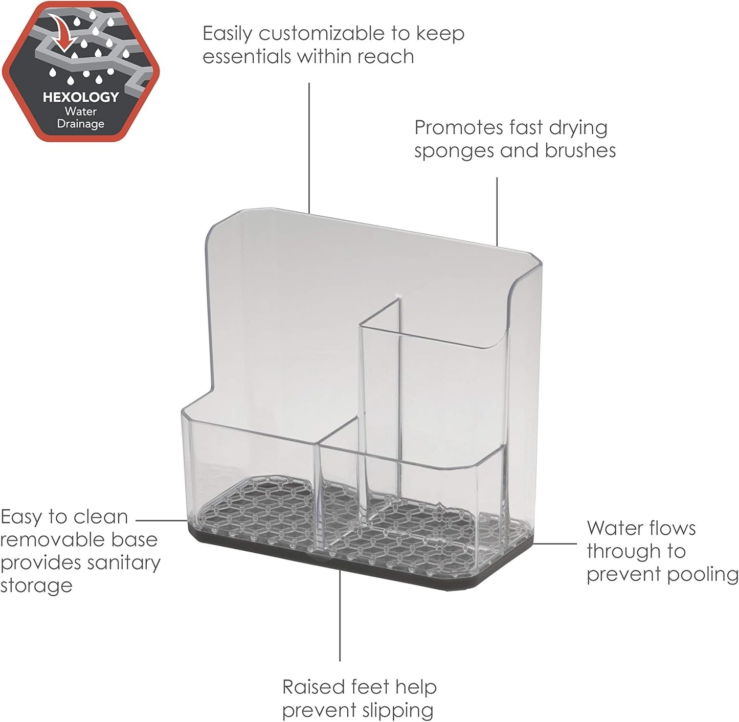 Spectrum Sponge and Brush Holder for Kitchen Sink Storage, Hexa Quick-Dry Organizer with 3 Compartments, Removable Base Sink Caddy for Dish Brushes & Sponges, Compact Design, Clear & Gray