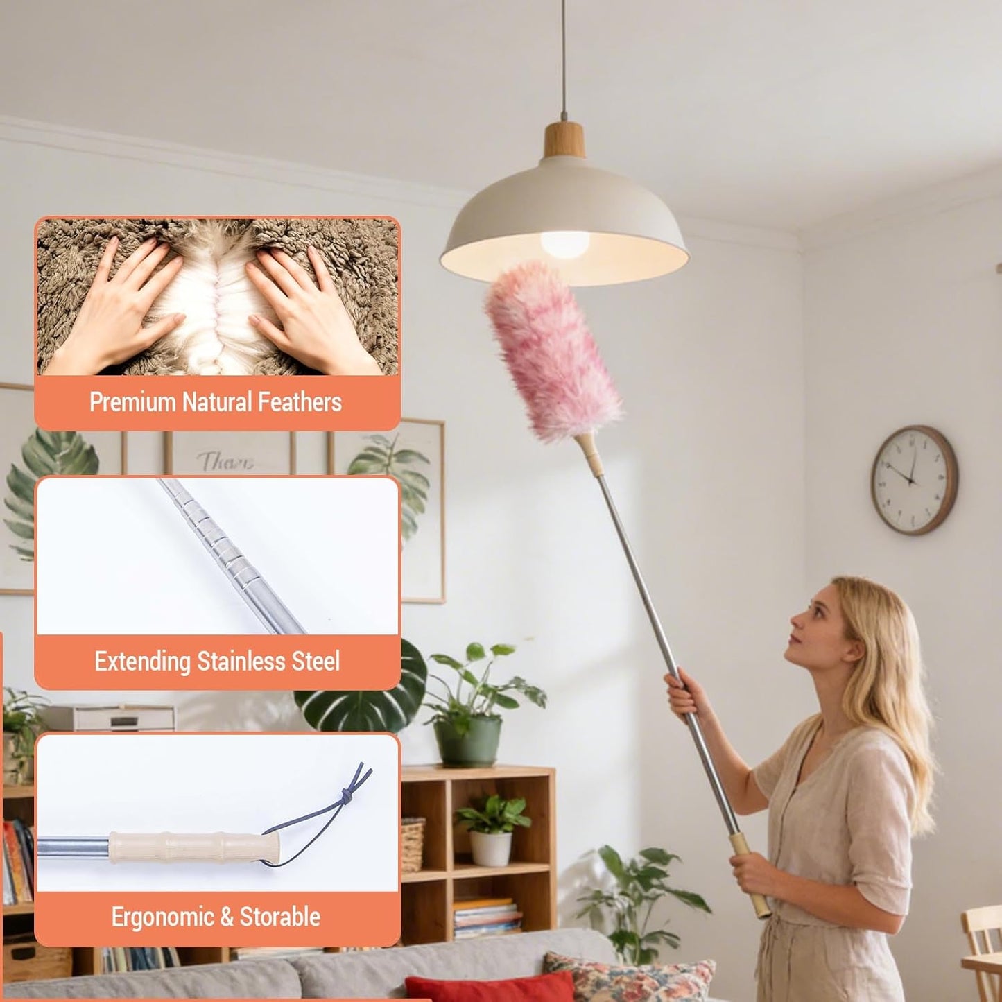 Cedenoo Lambswool Duster Extendable 22–55 Inch Natural Wool Duster with Flexible Head for Ceilings Furniture Blinds Electronics Washable Reusable