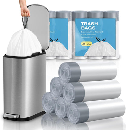 120 Counts 1.6 Gallon Mini Drawstring Trash Bags, Small Garbage Bags by KSSKSS, Code a fit 4.5-8 Liter, 1.2-2 Gal, White Trash Bin Liners for Home Office Kitchen Bathroom Bedroom