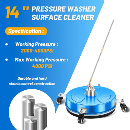 14" Pressure Washer Surface Cleaner with 4 Wheels - Stainless Steel Surface Cleaner for Pressure Washer Attachment for Concrete, Patio, Sidewalk, Deck and Driveways - PWS14