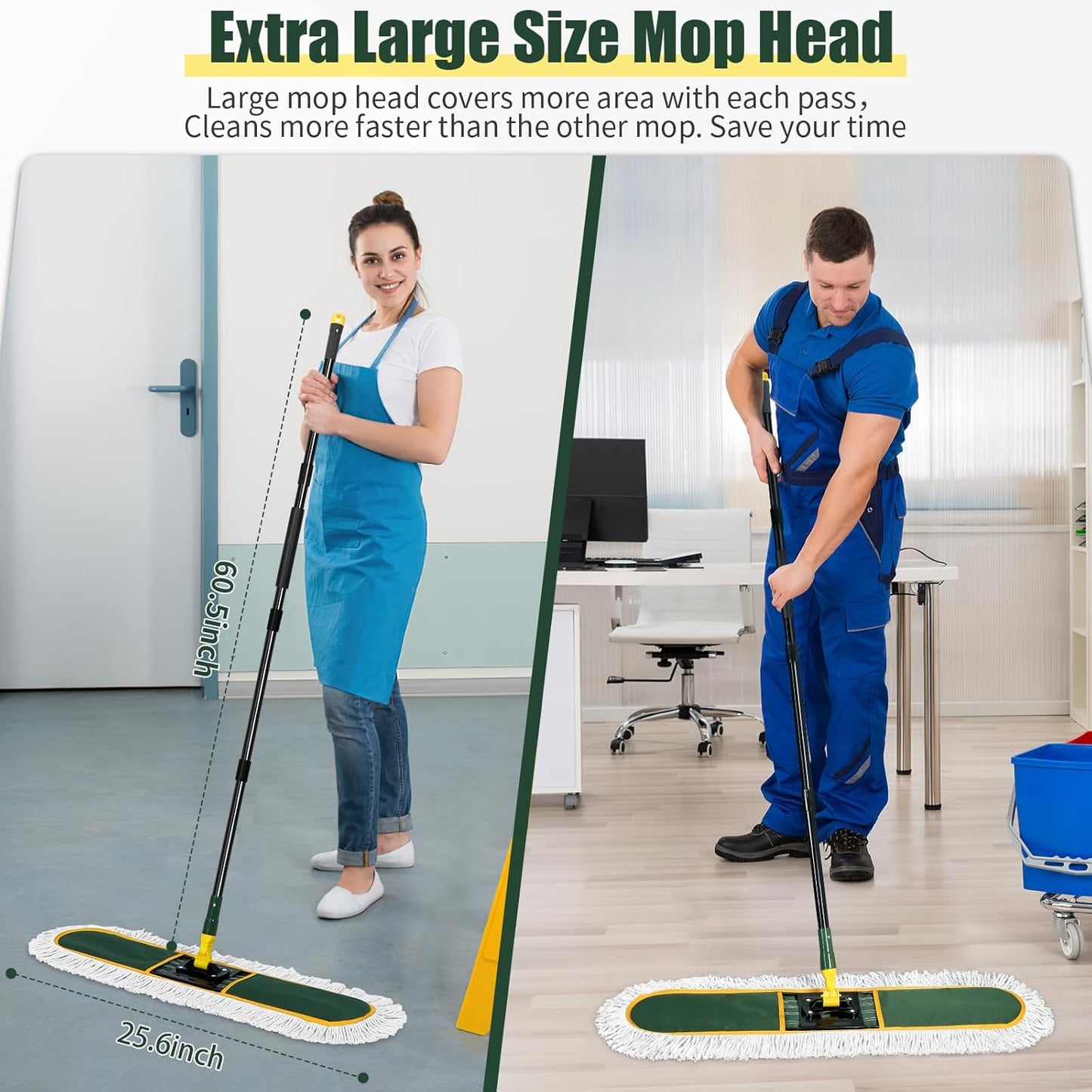 24 Inch Commercial Dust Mop,Heavy Duty Dry Wet Dust Mops Broom for Hardwood Floor, Laminate, Tile, Concrete Cleaning | 60 Extendable Handle & 2 Cotton Mop Heads | Home, Garage, Warehouse Use