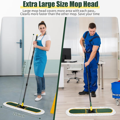 24 Inch Commercial Dust Mop,Heavy Duty Dry Wet Dust Mops Broom for Hardwood Floor, Laminate, Tile, Concrete Cleaning | 60 Extendable Handle & 2 Cotton Mop Heads | Home, Garage, Warehouse Use