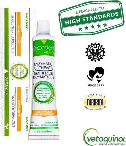 Vetoquinol Enzadent Enzymatic Toothpaste for Cats & Dogs – 3.2 oz, Poultry Flavor – Triple Enzyme Formula for Healthy Teeth & Gums – Oral Dental Care: Removes Plaque, Polishes Teeth & Freshens Breath