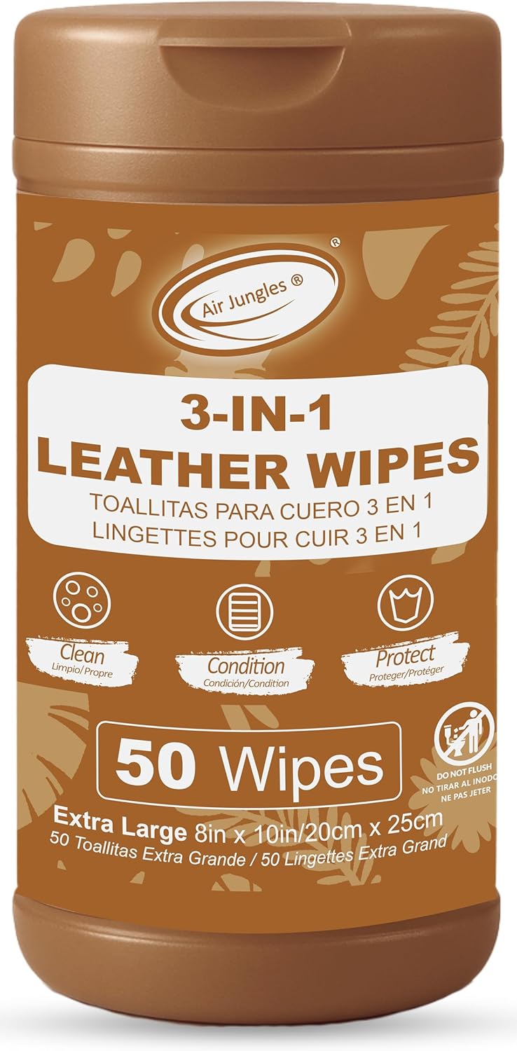 Air Jungles 3in1 Leather Wipes 50 Count, Extra Large 8" x 10" Size, Clean Condition Protect Wipes for Leather Car Seat, Furniture Couch, Shoes Boots Bags Purse Apparel