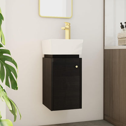SSLine Modern 24-Inch Bathroom Vanity with Sink Wall Mounted Bathroom Vanity with Top Basin & Storage Cabinet White Wood Floating Vanity w/Ceramic Sink & Gold/Black Handles for Small Space