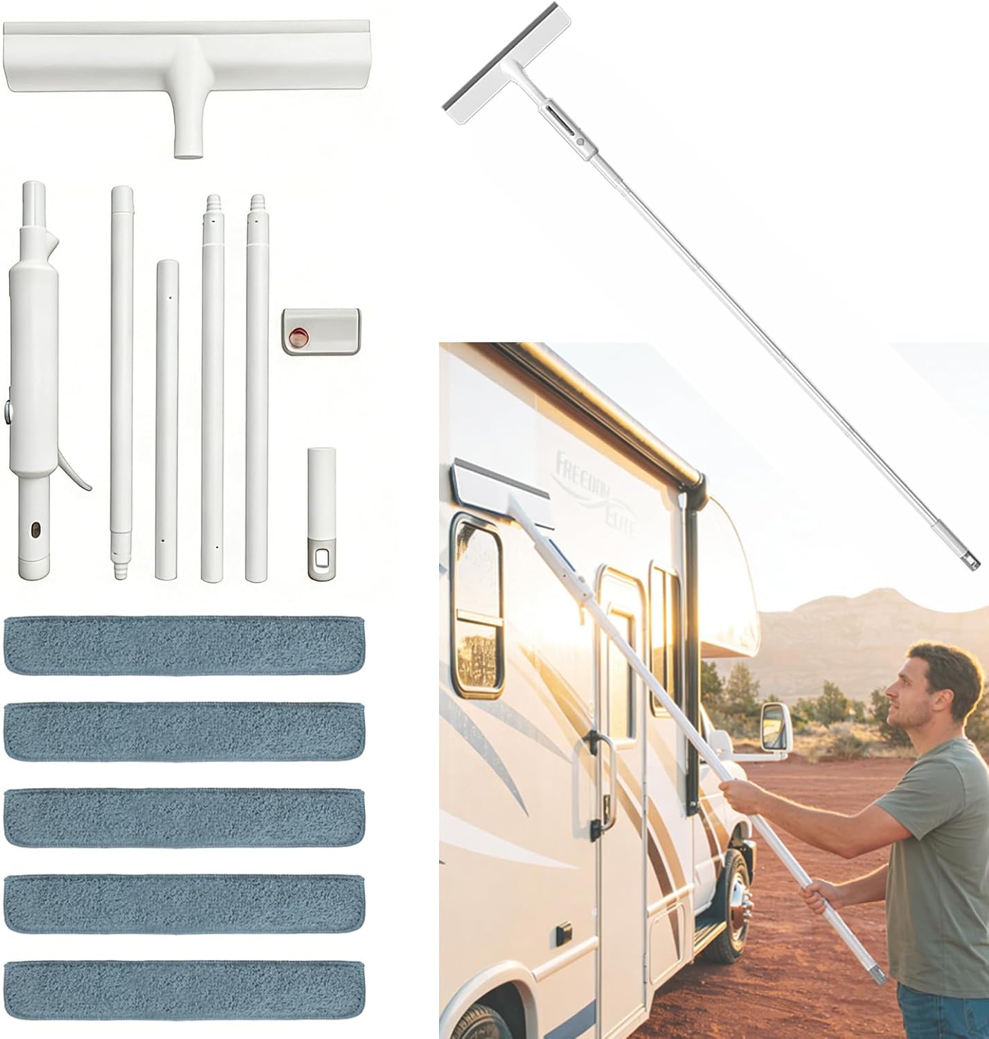 RV Window Cleaning Squeegee with Spray, Max 73.3" Handle, Motorhome & Camper Exterior Glass Cleaner, 3-in-1 Spray Mop for High Windows, Home & Car
