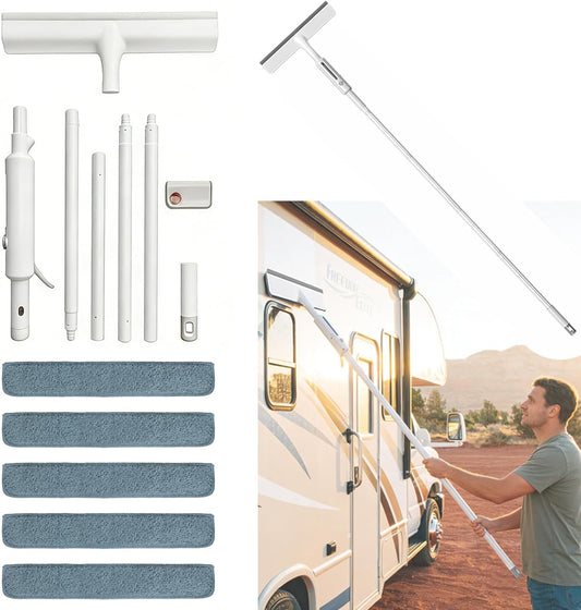 RV Window Cleaning Squeegee with Spray, Max 73.3" Handle, Motorhome & Camper Exterior Glass Cleaner, 3-in-1 Spray Mop for High Windows, Home & Car