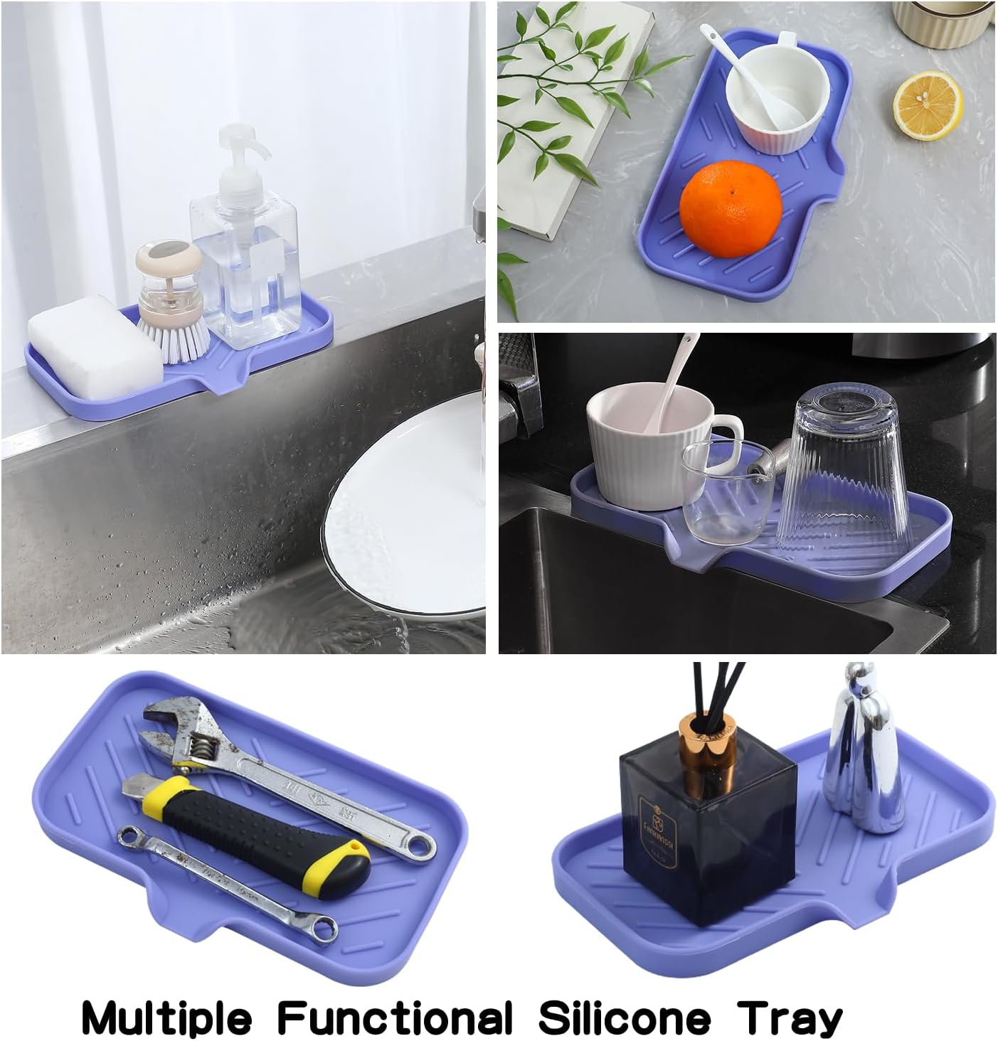 MicoYang Silicone Bathroom Soap Dishes with Drain Spout-Bathroom and Kitchen Sink Organizer,Sponge Holder,Dish Soap Tray,Perfect for Dispenser,Scrubber,Bottle,Cup on Sink or Counter-Black 4.9"×3.2"