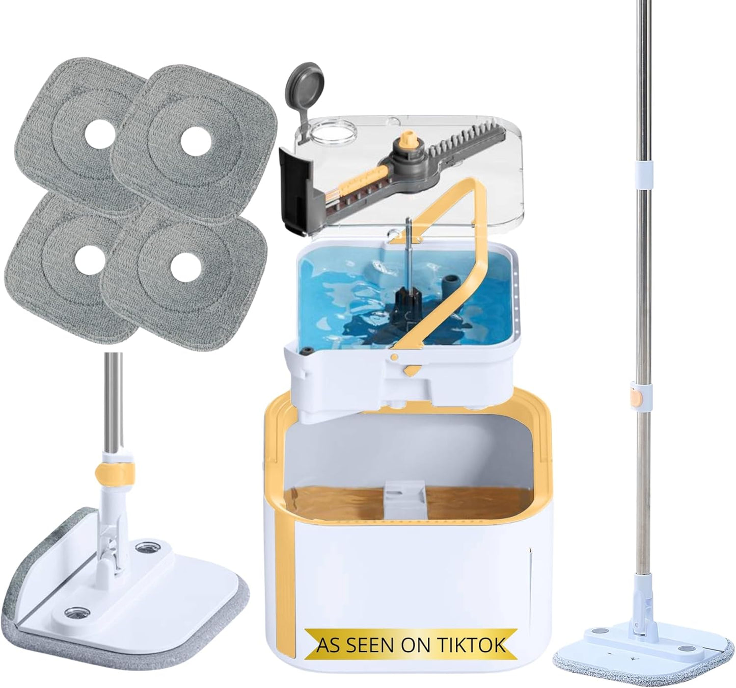 Spin Mop and Bucket System PRO w/Detachable Inner Bucket, Separates Clean and Dirty Water, Self Standing, Foldable Square Mop Head, Triple Jet Stream w/Hidden Brush, Replaceable 2pc Pads