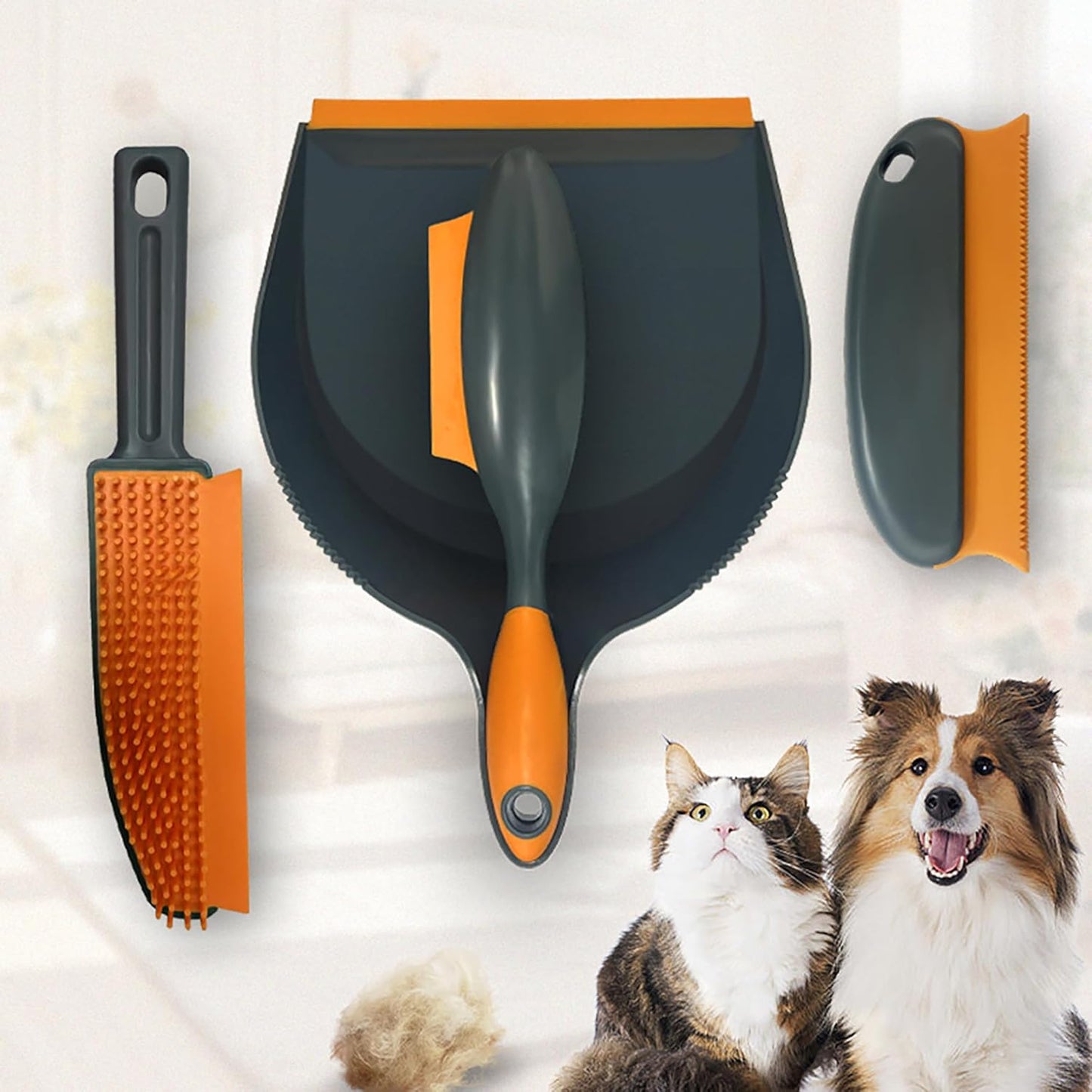 Paws & Co. Pet Hair Remover for Dogs Cats - 4-in-1 Cleaning Kit with Grooming Brush, Massage Comb & Dustpan - Fur Cleaner for Furniture, Carpet, Car, Sofa