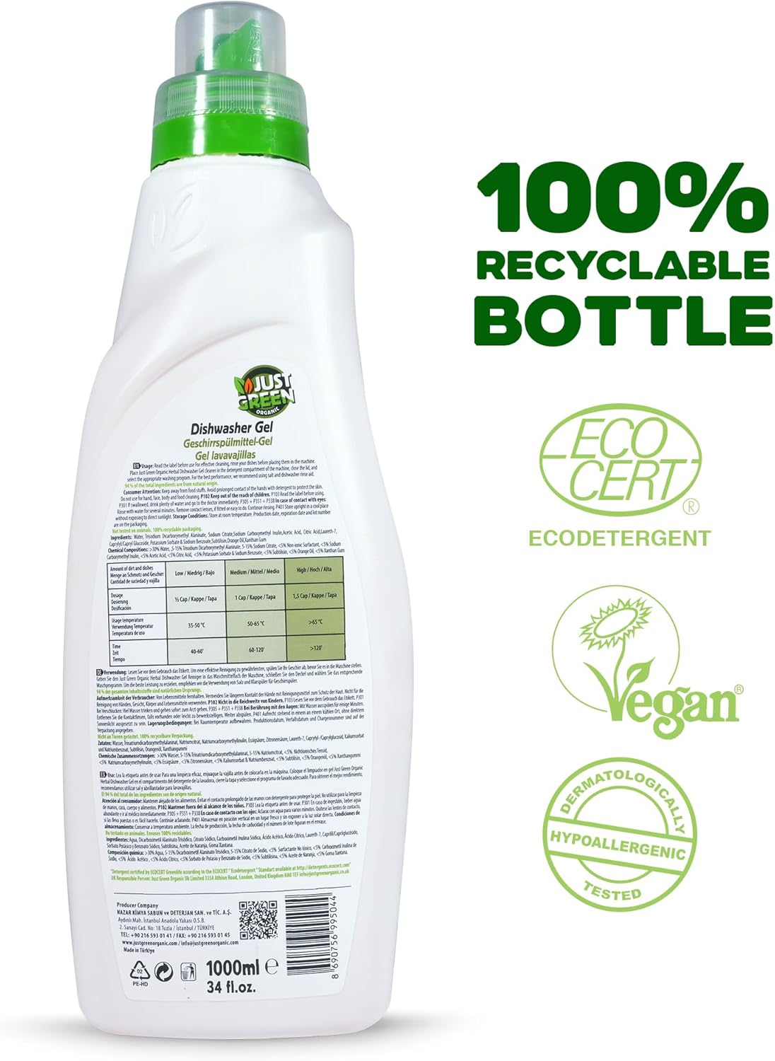 Dishwasher Detergent Gel, Plant-Based Dishwashing Liquid, Non-Toxic, Hypoallergenic, EcoCert Certified, Vegan, Streak-Free Clean, 45 Washes, 33.8 fl oz (1000 ml)