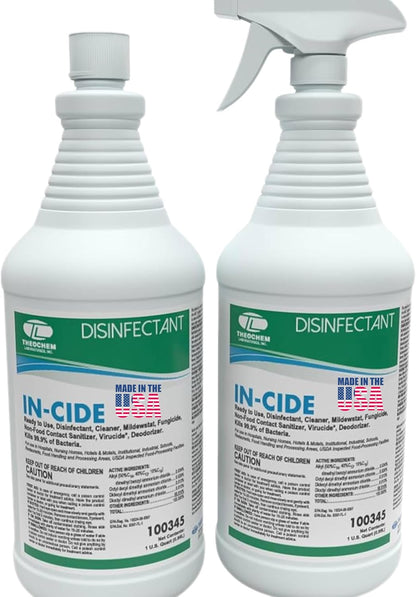 In-Cide EPA Registered Disinfectant Spray - Kills 99.9% of Germs, Mold, Mildew and MRSA - Multi-Surface Cleaner for Home, School & Hospital - Fresh Scent - 32 oz (2 Pack)