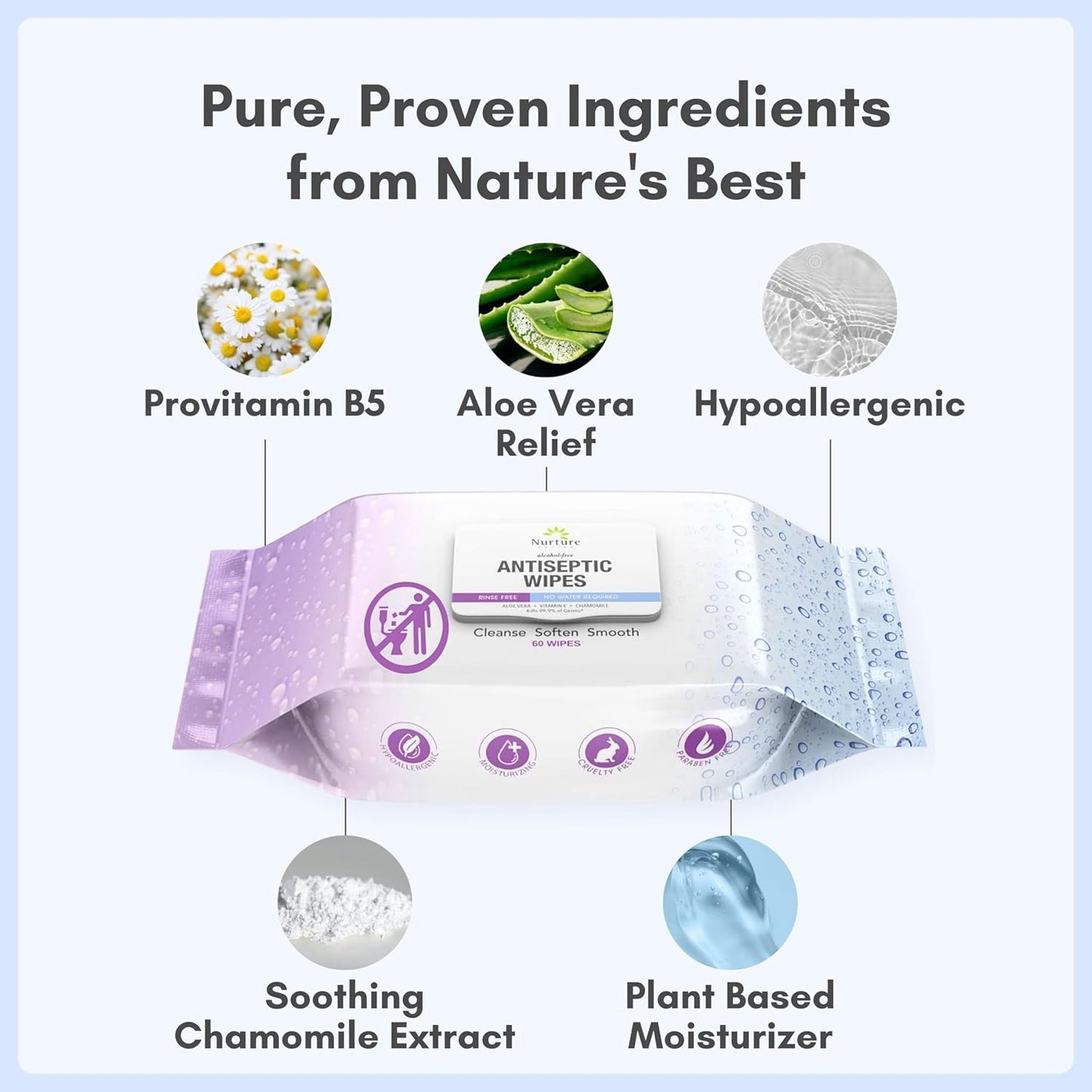 XL Individually Wrapped Nurture Antibacterial Body & Hand Wipes | Alcohol-Free Antiseptic Wet Disinfecting Towelettes for Germ Removal, Sanitizing Hands |Cleaning Cloths| Adults & Baby| Thick & Strong