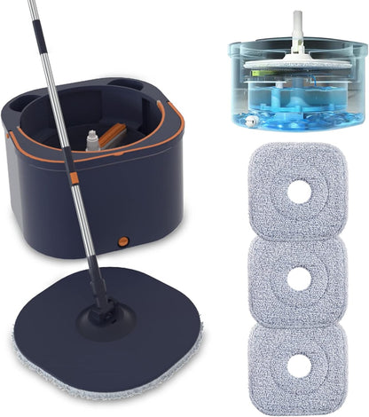 Flat Floor Mop and Bucket System Set with Wringer, Spin Mop and Bucket Separate Clean and Dirty Water with Self Separation for Hardwood, Laminate, Tile, Floor Cleaning, Wet and Dry Use, LightCyan