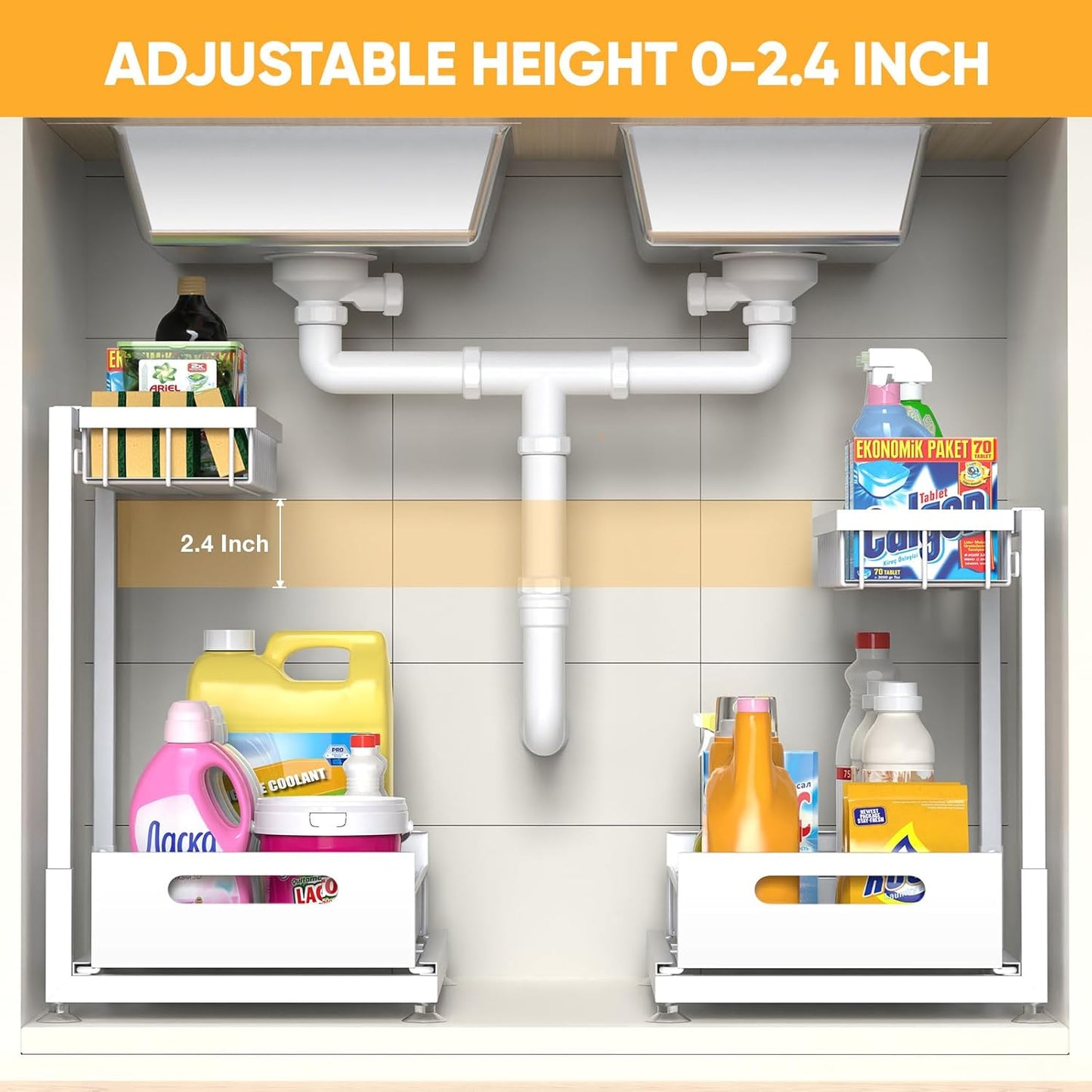 Saydear Under Sink Organizer Storage 2-Tier Premium Metal Pull-Out Kitchen Cabinet Organizer with Sliding Drawer, Height Adjustable, Heavy Duty for Kitchen & Bathroom Organizers 2 Pack Black