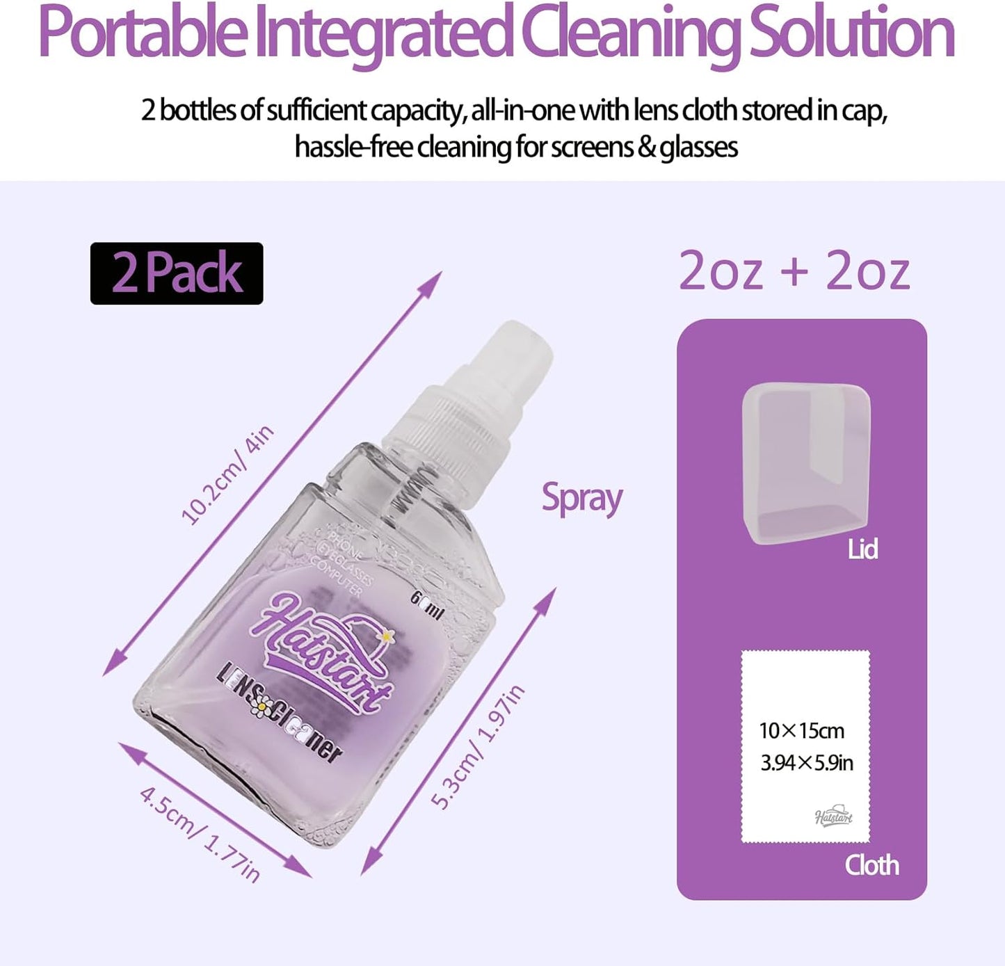 2-Pack Eye Glasses Cleaner Spray, Travel-Sized Screen Cleaning Kit with Touchscreen Mist for iPhone, Sunglasses, Computer, Laptop Screens, Phone Electronics with Eyeglass Cloth and Case Lid - Hatstart