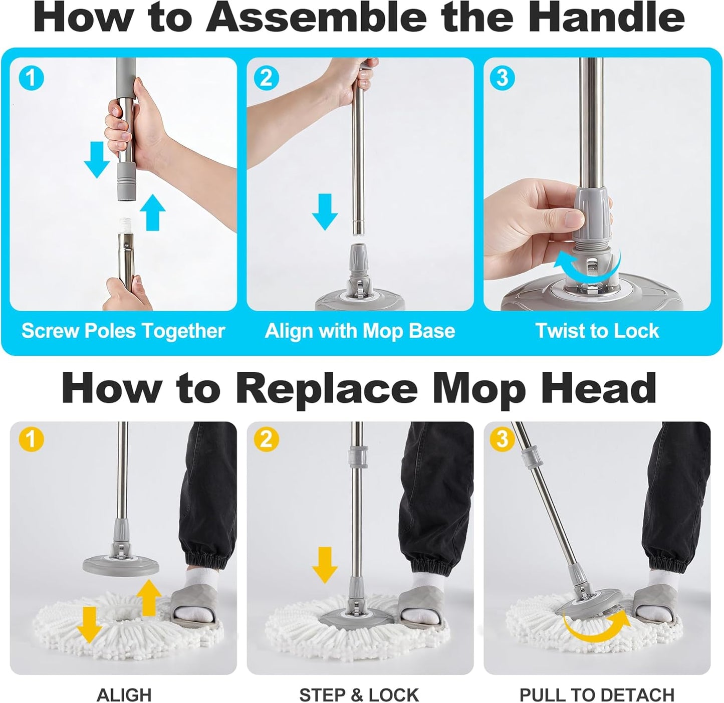 JOYMOOP Spin Mop and Bucket Set, 360° Mop Head & Telescopic Handle, 3 Reusable Microfiber Pads, Wet and Dry Use, Hands-Free Cleaning for Hardwood, Tile, Laminate Floors & Walls