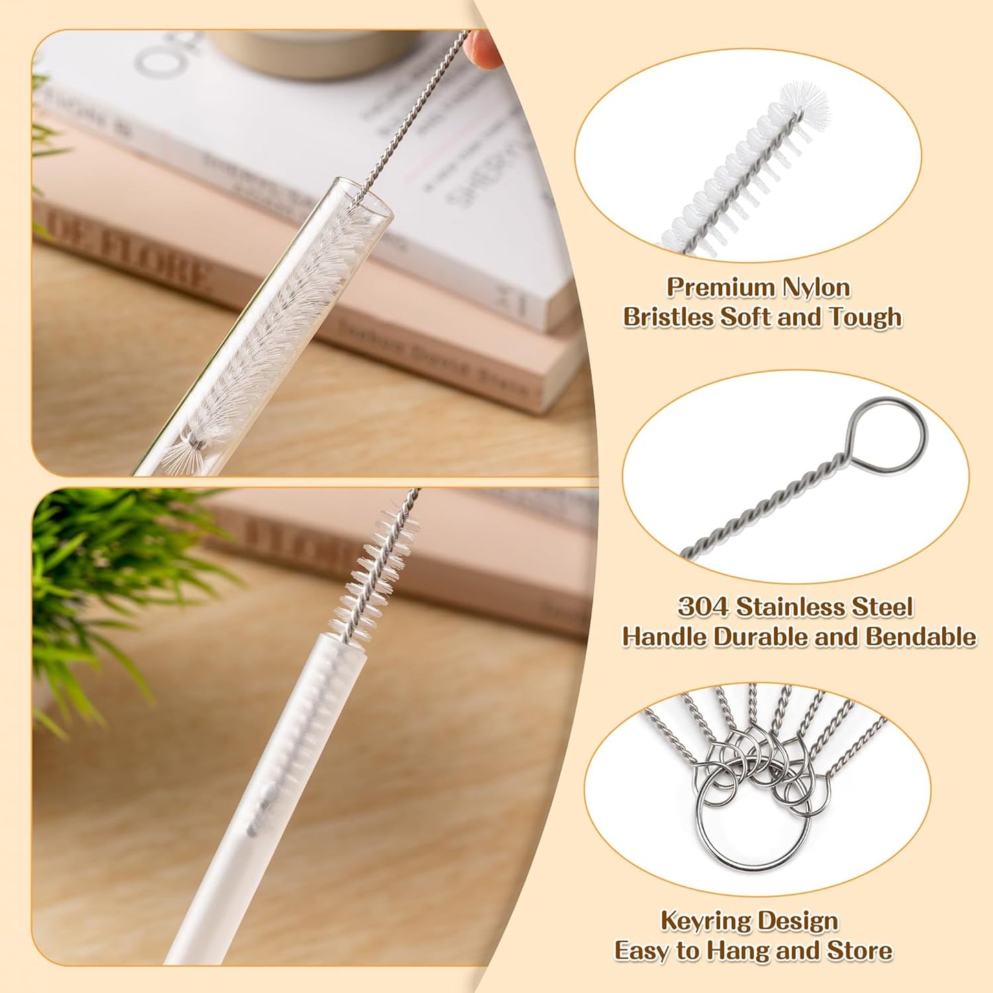 Five-Piece Bottle Brush Cleaning Set Includes 4 Straw Cleaning Brushes and 1 Cup Brush with Detachable Long Handle. Suitable for Cleaning Straws, Glasses, and Water Cups.