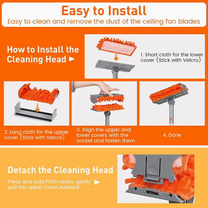 Ceiling Fan Cleaner Duster with 63" Extension Pole, Ceiling Fan Blade Cleaning Tool, Dusters for Cleaning High Ceiling Fan Reusable Chenille Pads for Blind, Baseboard, Wall