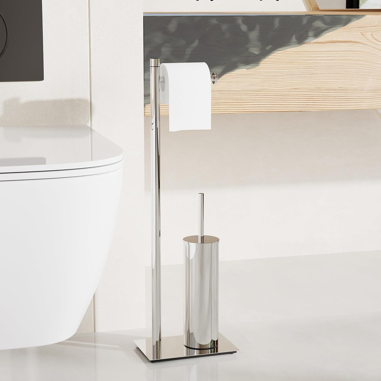 RUACQ Toilet Paper Holder Stand with Toilet Brush and Holder Set, 304 Stainless Steel Bathroom Toilet Tissue Paper Roll Holder Free Standing, Weighted Base, Heavy Duty (Matte Black)