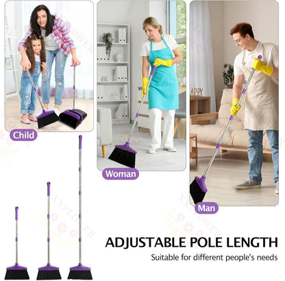 Broom and Dustpan Set with Long Handle, Light Weight Stainless Steel Poles Stand Upright Dustpans with Broom Combo for Home Kitchen Office Pet Dog Hair, 1-Pack (Purple)