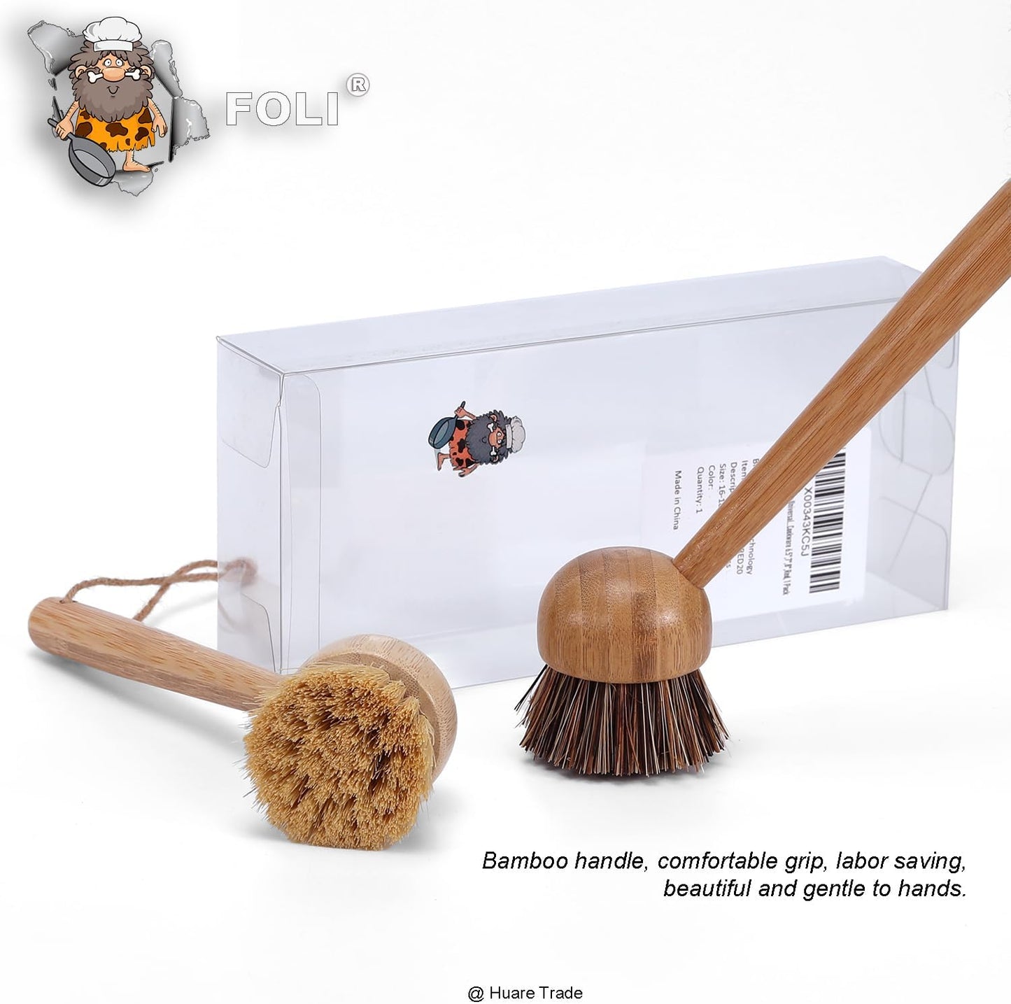 FOLI Bamboo Handle Dish Scrub Brushes - Wooden Cleaning Scrubbers with Stiff Bristles for Washing Kitchen Cast Iron Pan Pot (2PCS with Sisal & Palm Bristles, Long Handle)