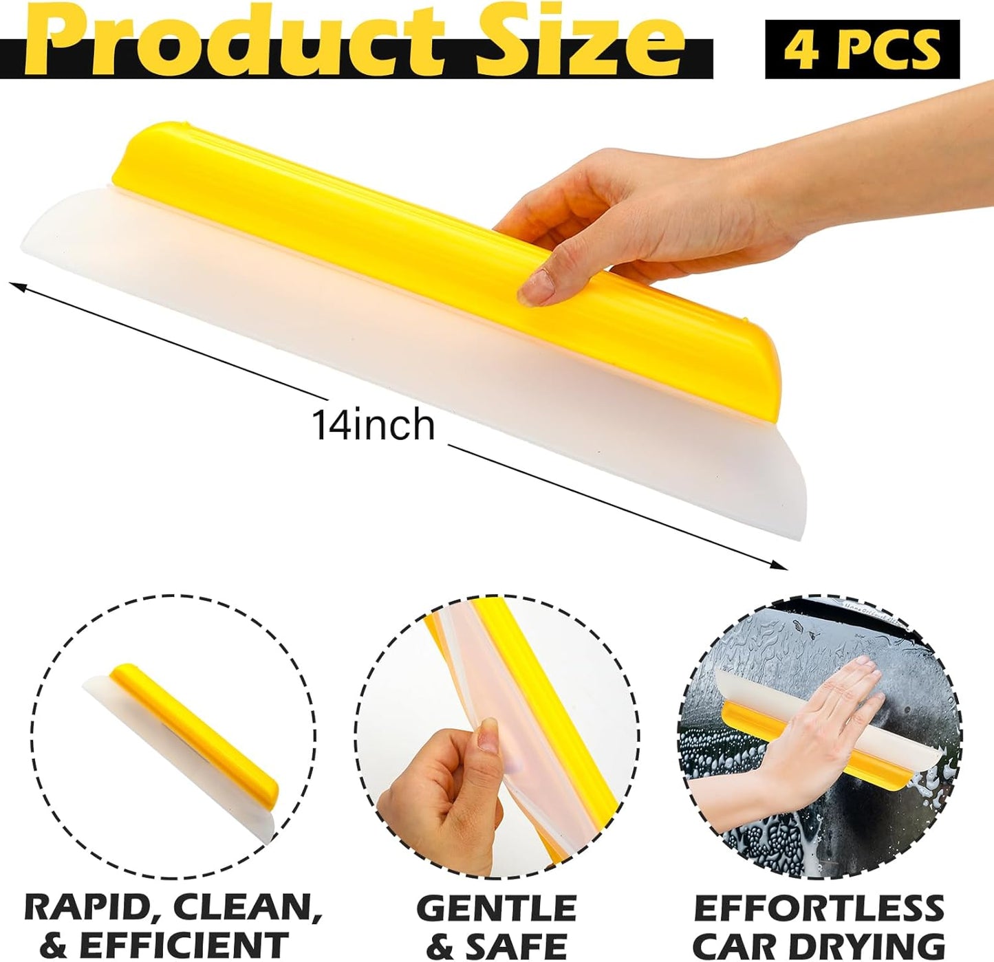 4 Pack 14 inch Car Drying Squeegee Longer Silicone Automotive Water Wiper Flexible Auto T-Bar Rubber Blade for Car Windshield Glass Window Bathroom Shower Squeegees Wash Tool (Yellow)