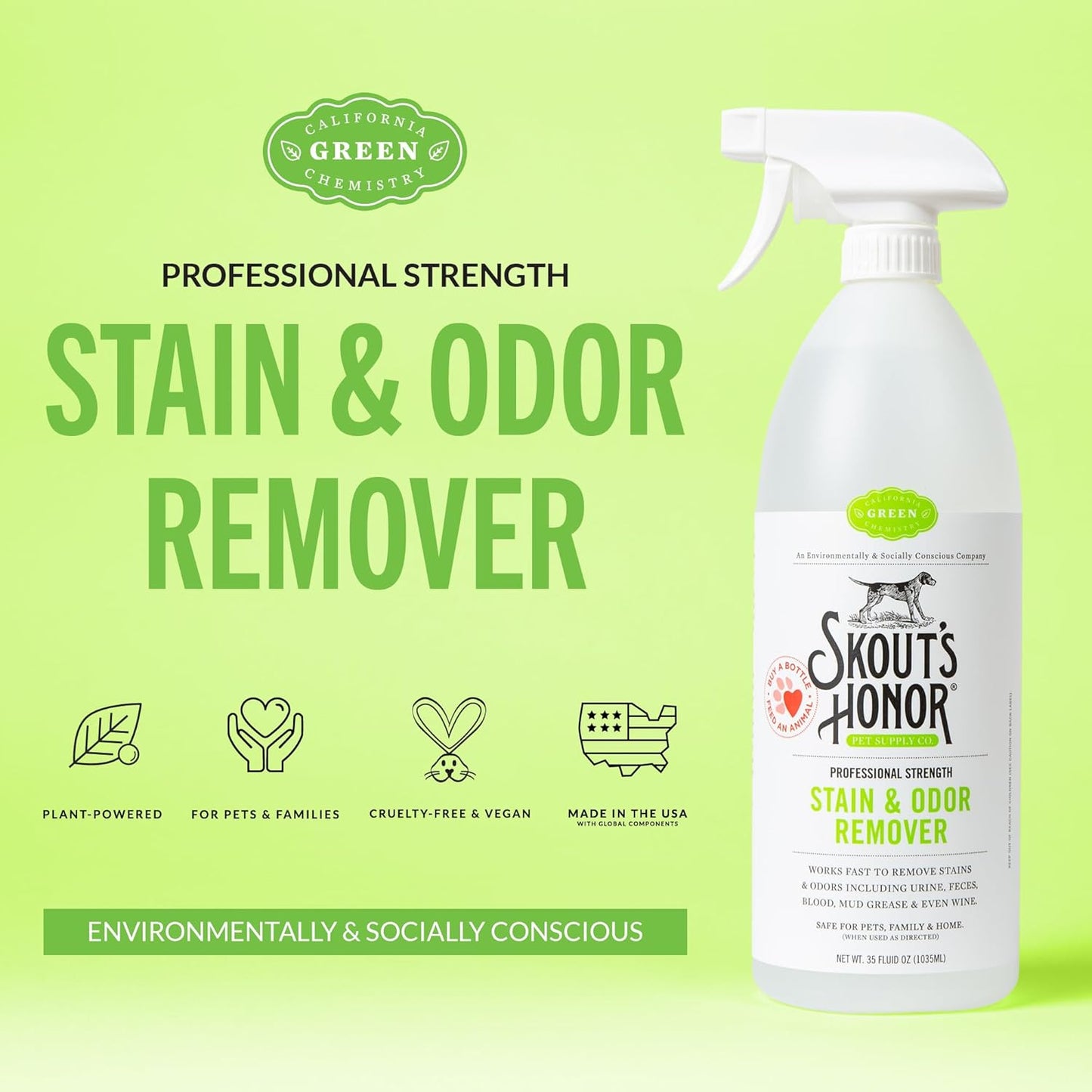 SKOUT'S HONOR Severe Mess Stain & Odor Eliminator, Powerful Stain Remover and Carpet Cleaner for Tough Dog Messes, Eco-Friendly Carpet Deodorizer, Cleaning Spray and Poop Spray, 35 oz