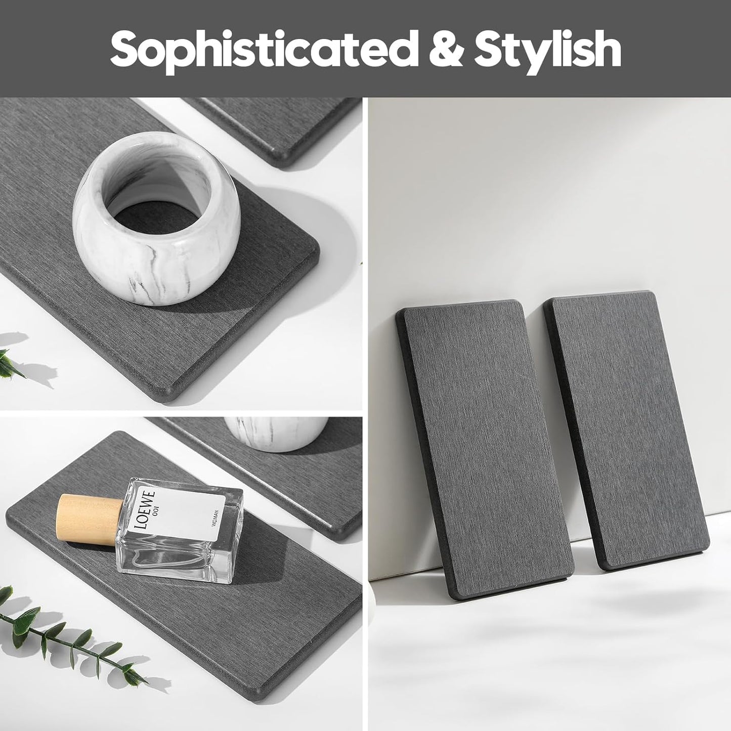 2PCS Water Absorbing Stone Drying Tray for Kitchen Counter & Bathroom Sink, Diatomite Faucet Splash Guard, Soap Dispenser Rack & Sponge Holder Caddy Organizer, Marble White (Printed Pattern), 9"x 3.5"