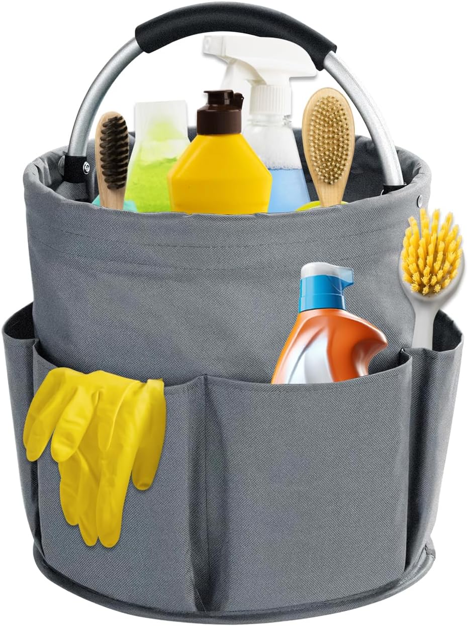 17L Cleaning Caddy with Handle, Cleaning Supplies Organizer, Foldable Storage Basket, Cleaning Supply Caddy, Portable Multi Cleaning Bucket Bag for Home, Garden (Pink)