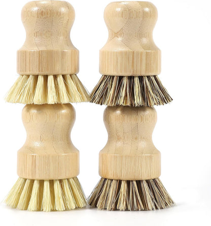 4 Pack Bamboo Dish Brush Set, Natural Palm Dish Scrubber for Pots and Vegetables, Sisal Bristle Bamboo Scrub Brush for Cleaning Dishes and Pans