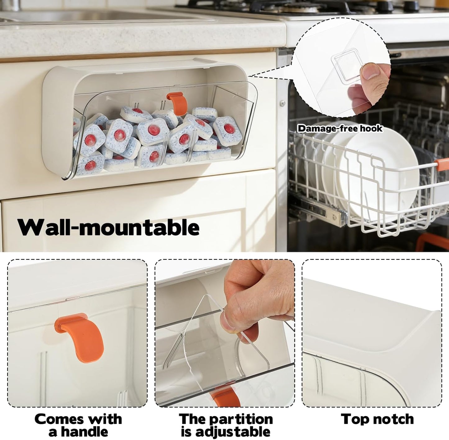 Dishwasher Detergent Pods Holder Wall-Mounted Clear Laundry Pods Container with Divider for Scent Booster Beads Dryer Balls Hanging Storage Container for Detergent Home Kitchen and Laundry Room