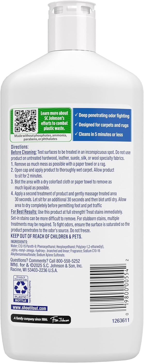 Shout Pet Stain Remover Spray, Color-Safe Multisurface & Carpet Cleaner Solution for Dog & Cat Urine, Feces, Vomit & Mud, Fights Odors & Remarking, Fast-Acting Cleans in 5 Minutes or Less, 22oz