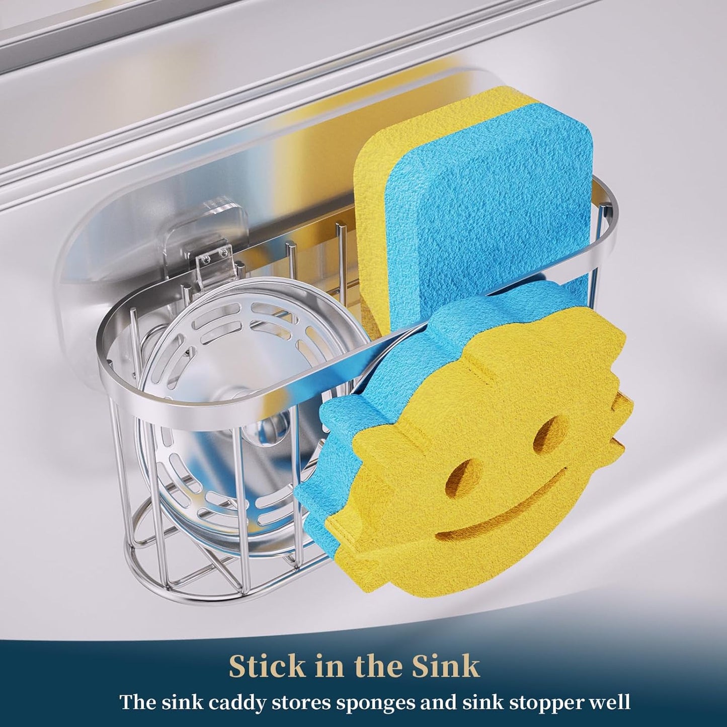 Consumest Sponge Holder Sink Caddy - Ladder Shaped Sponge Holder for Kitchen Sink with 2 Installation Ways (Suction Cups & Adhesive Hook), Rustproof Stainless Steel Kitchen Organizer, Silver