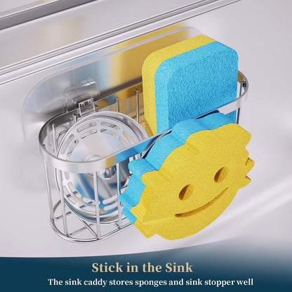 Consumest Sponge Holder Sink Caddy - Ladder Shaped Sponge Holder for Kitchen Sink with 2 Installation Ways (Suction Cups & Adhesive Hook), Rustproof Stainless Steel Kitchen Organizer, Silver