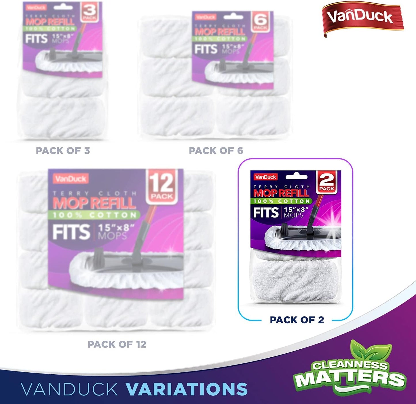 VanDuck 100% Cotton Pad Terry Cloth Mop Refills 15x8 inches, 2 Pack (Mop is Not Included)