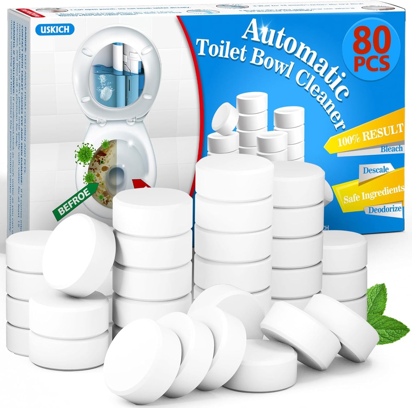 USKICH 20 Pack Toilet Bowl Cleaner Tablets,Blue Automatic Toilet Tank Cleaners, Long-Lasting Household Toilet Cleaners,Toilet flush Cleaning & Deodorizer