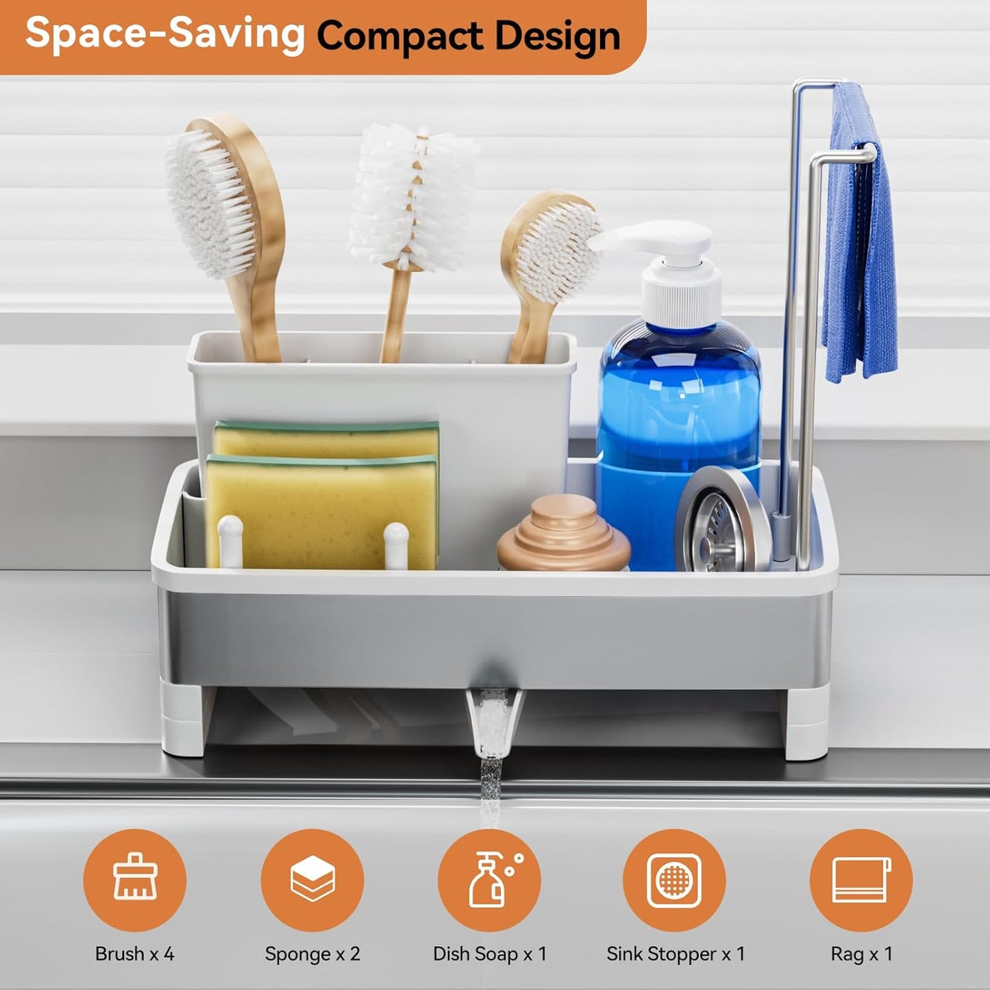 Laveshop Sponge Holder for Kitchen Sink, Rustproof Stainless Steel Sink Caddy with Auto-Drain, Removable Brush Holders, Soap and Dishcloth Organizer, Black