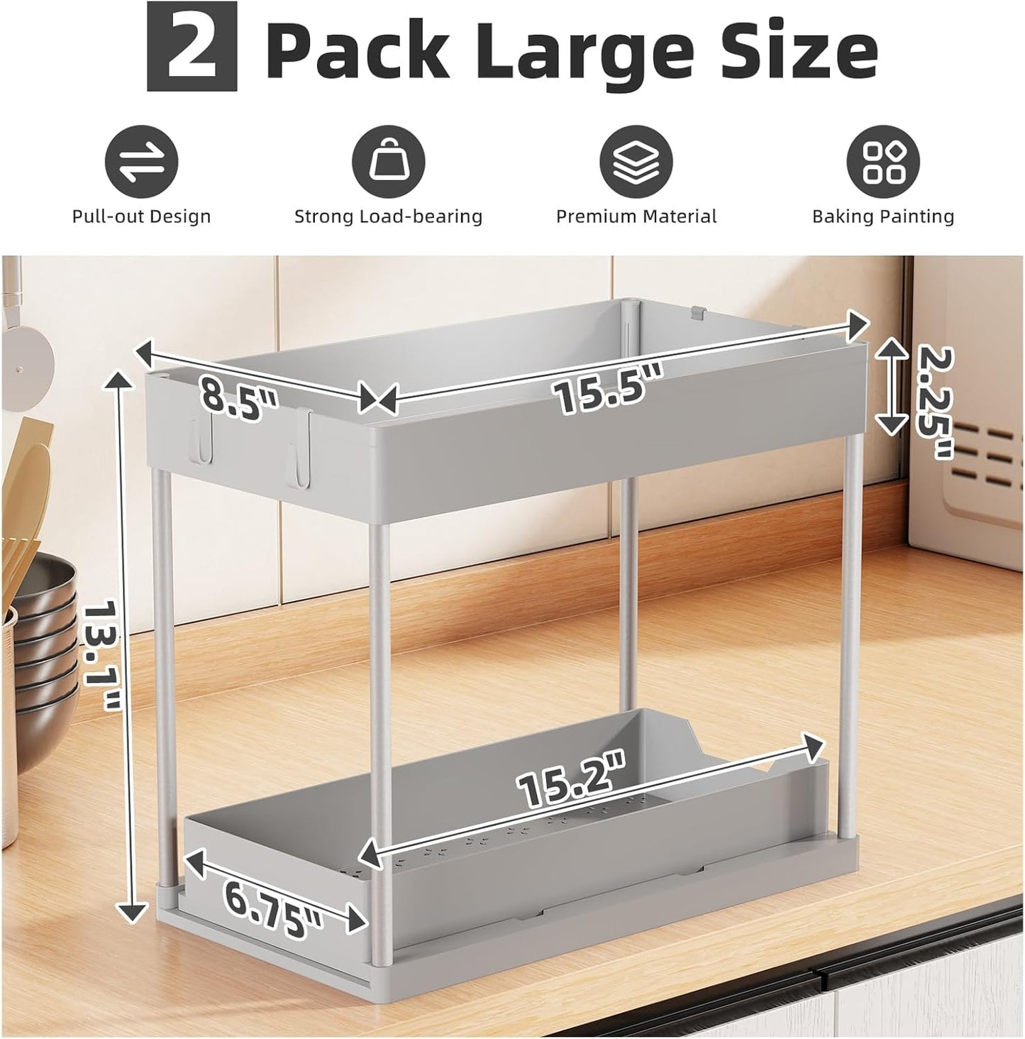 Simple Trending Under Sink Organizer 2 Pack, Sink Pull-Out Sliding Storage Cabinet, 2-Tier Under Shelf Organizer for Kitchen Bathroom, Black