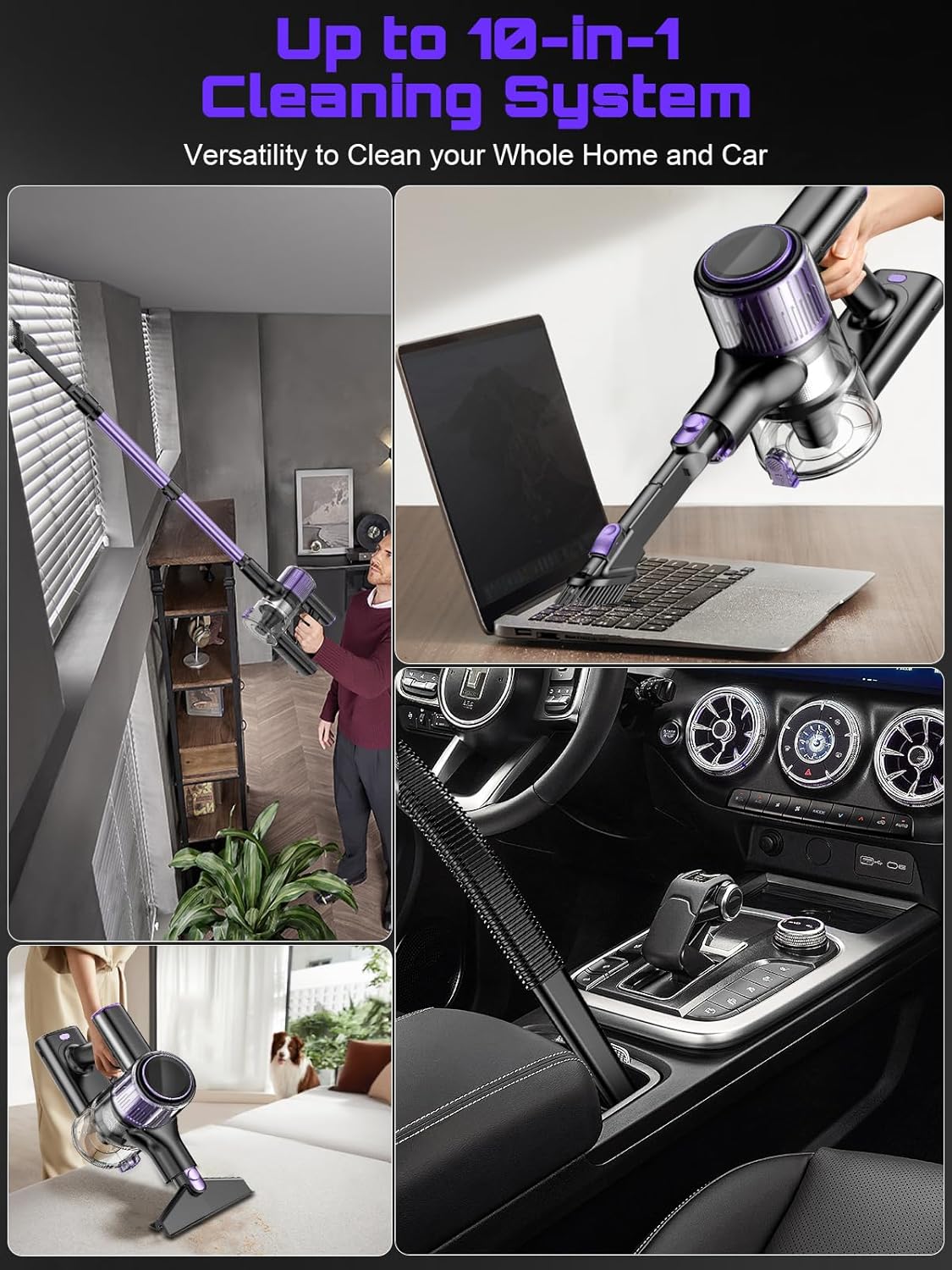 Cordless Vacuum Cleaner, 10 in 1 Stick Vacuum with Powerful Suction, Hose, Green LED Light, Anti-Tangle Brush, Lightweight Rechargeable Vacuum Cleaner for Home, Hardwood Floors,Pet Hair (Purple)