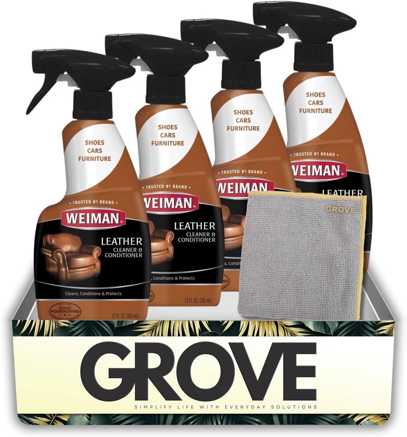 Weiman Leather Cleaner and Conditioner Couch 12 oz Liquid Bundle with Leather Wipes + Microfiber Towel – Cleans, Moisturizes, and Protects Surfaces from UV Damage – Gift Set (3 Items)