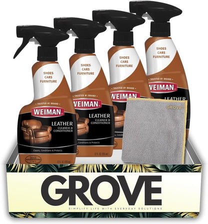 Weiman Leather Cleaner and Conditioner Couch 12 oz Liquid Bundle with Leather Wipes + Microfiber Towel – Cleans, Moisturizes, and Protects Surfaces from UV Damage – Gift Set (3 Items)
