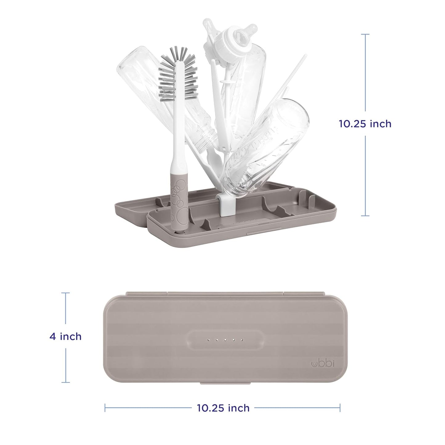 Ubbi On-the-Go Drying Rack and Brush Set, Includes Travel Case and Bottle Brush for Compact Storage, Holds Up To 8 Bottles, Baby Travel Accessories, Gray