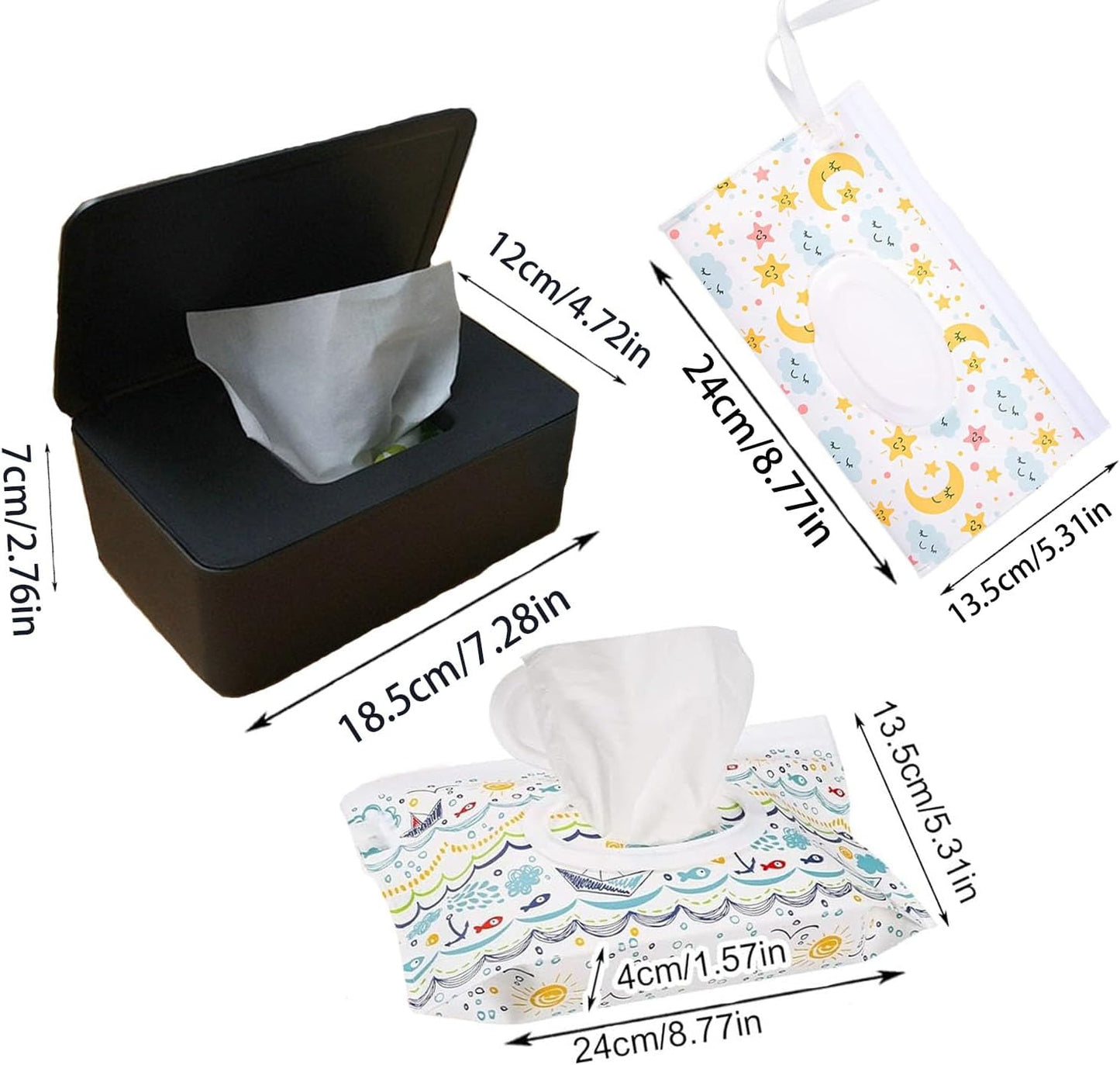 Wipe Dispenser White,Reusable Flushable Wipe Holder Set with 2Pcs Refillable Portable Wipe Bag for Baby Adult Bathroom,Wipe Container with Lids Keeps Wipes Fresh,Baby Shower New Mom Gifts