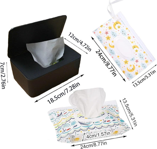 Wipe Dispenser White,Reusable Flushable Wipe Holder Set with 2Pcs Refillable Portable Wipe Bag for Baby Adult Bathroom,Wipe Container with Lids Keeps Wipes Fresh,Baby Shower New Mom Gifts